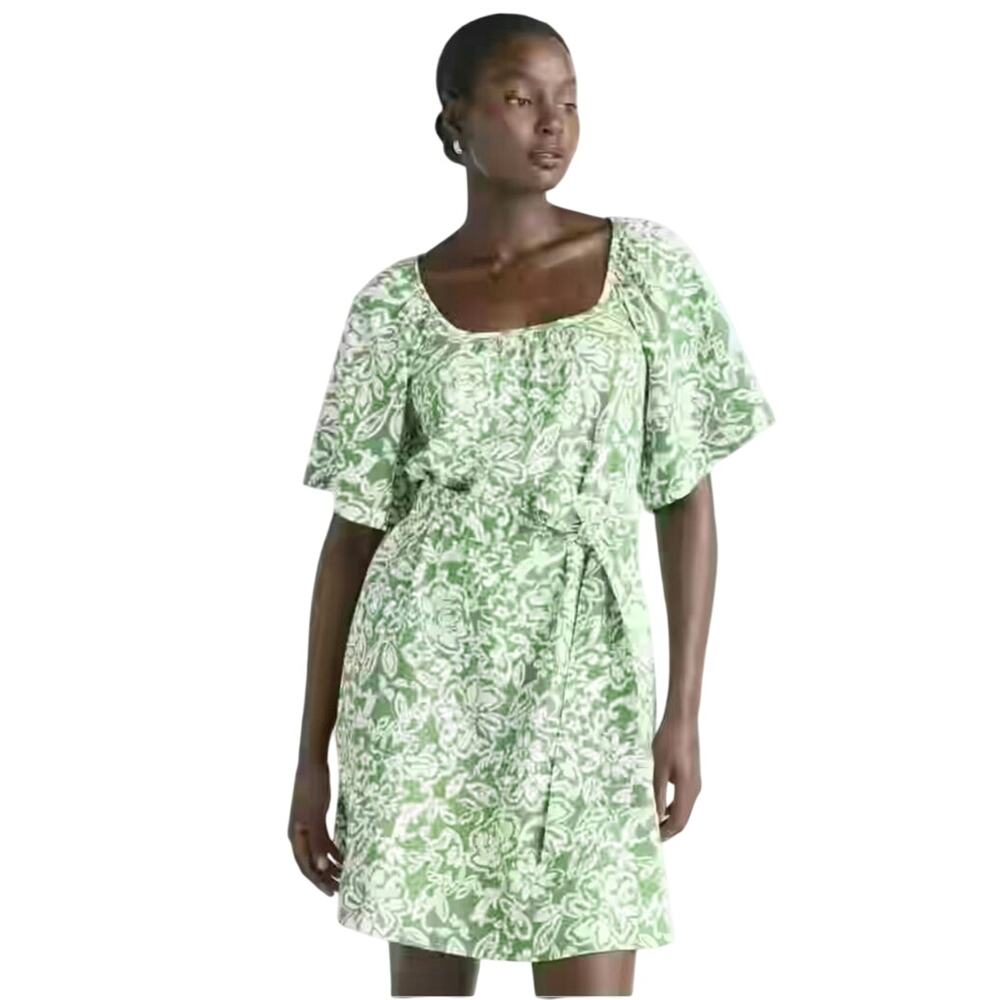 Free Assembly XL Linen Blend Floral Mini Dress Belted Green Preloved‎ Good